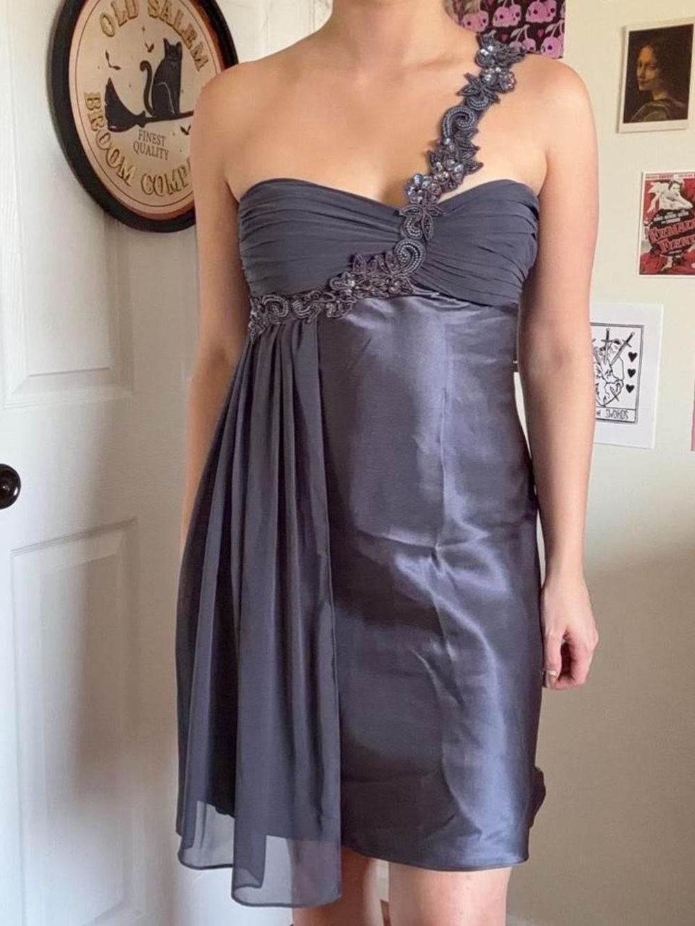 One-Shoulder Gray Satin Cocktail Dress with Embellished Strap